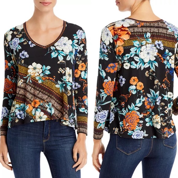 Johnny Was Golden Spring Floral Print Long Sleeve V-Neck Tee Top – Size S - Picture 2 of 15